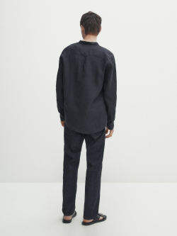 Massimo Dutti Льняная рубашка классического кроя с воротником-стойкой,  темно-синий