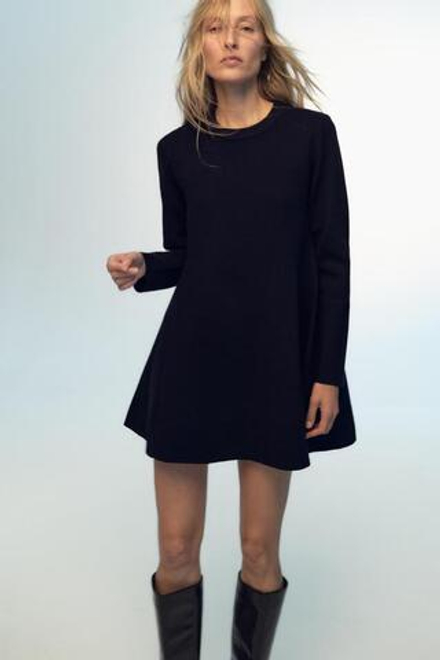 ZARA ОДНОТОННОЕ ТРИКОТАЖНОЕ МИНИ-ПЛАТЬЕ, МОРСКОЙ СИНИЙ