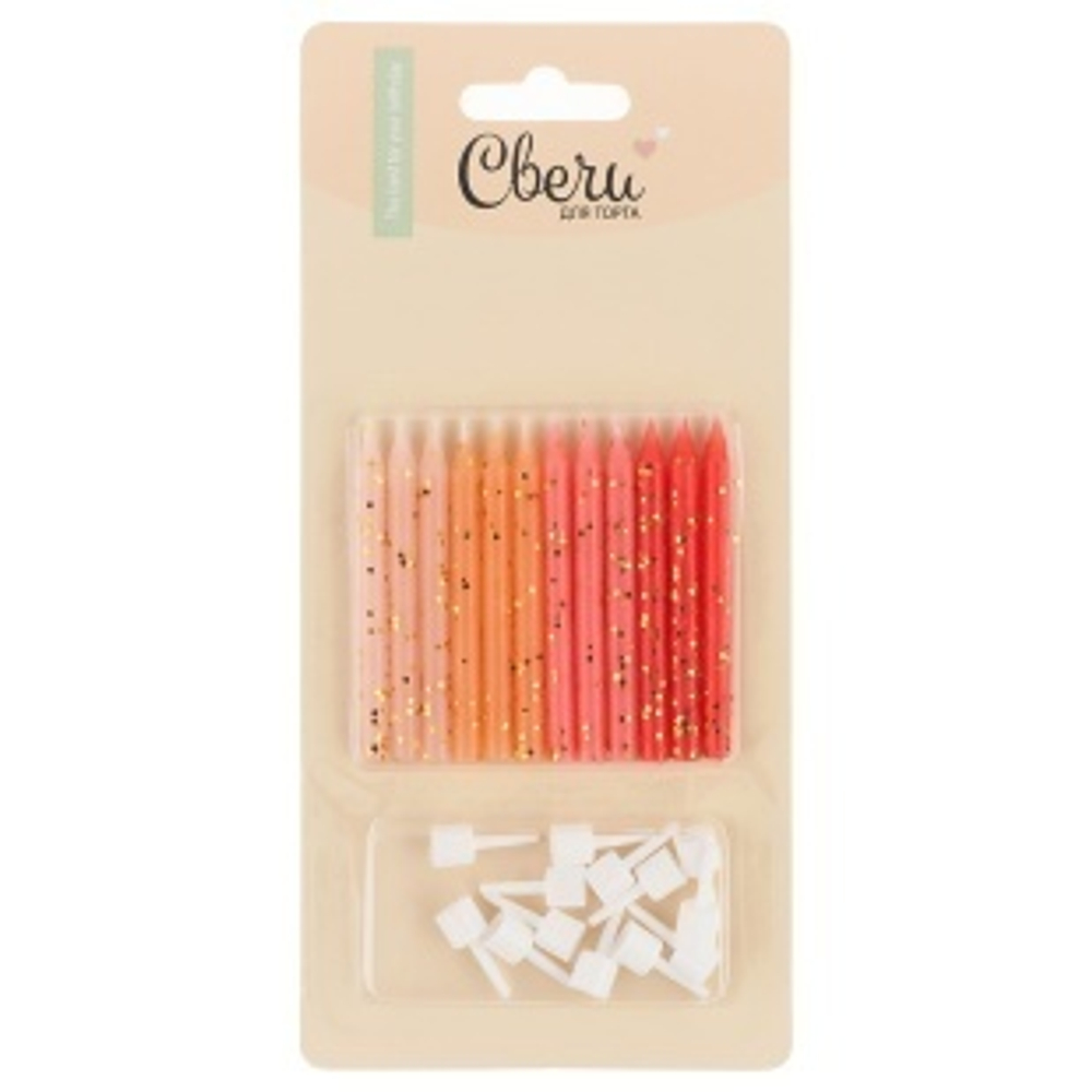 Свечи Красный микс, с блестками, 0,5*6 + 1 см, 12 шт. с держат. /ДБ