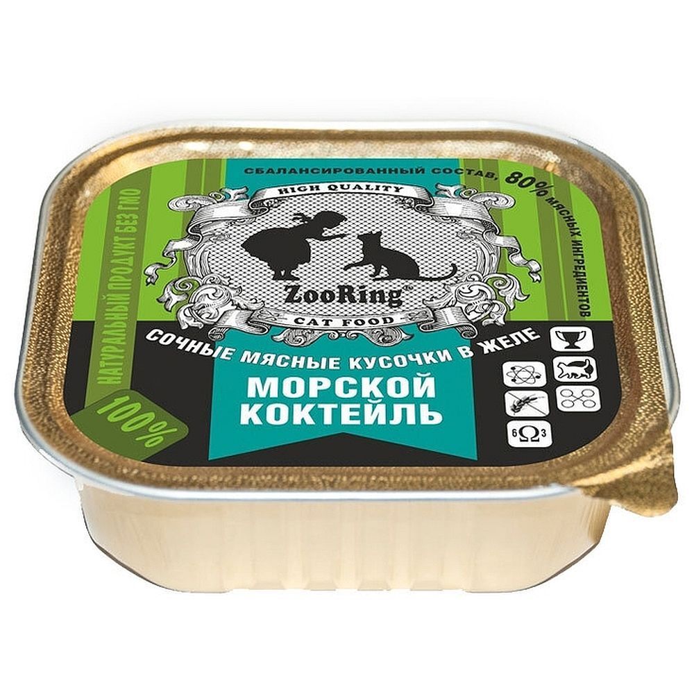 Консервы ZooRing для кошек кусочки в желе Морской коктейль, 100г