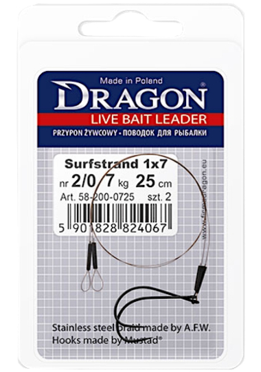 Поводок Dragon 1х7 Surfstrand 58-001-0525  5кг 25см 2шт Кр.Mustad UP496BNP № 1