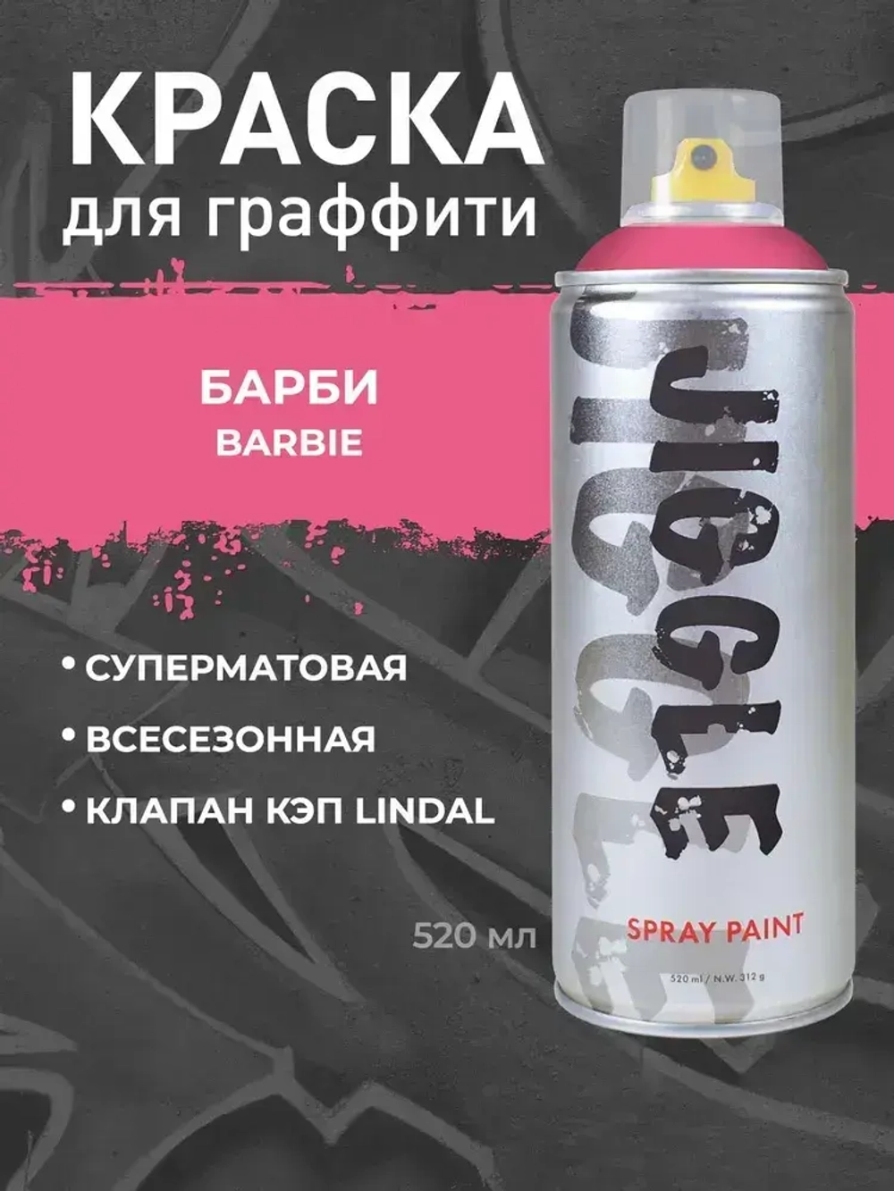 Аэрозольная краска для граффити в баллончике JIGGLE PRO суперматовая, 520 мл, BARBIE / Барби