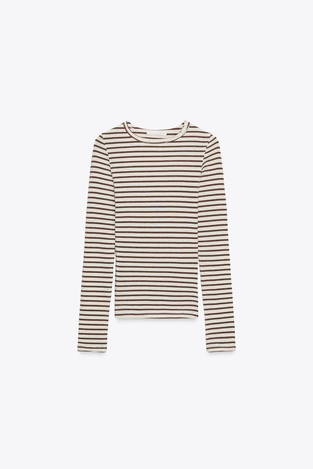 ZARA ФУТБОЛКА В ПОЛОСКУ С ДЛИННЫМИ РУКАВАМИ, ЭКРЮ/КОРИЧНЕВЫЙ