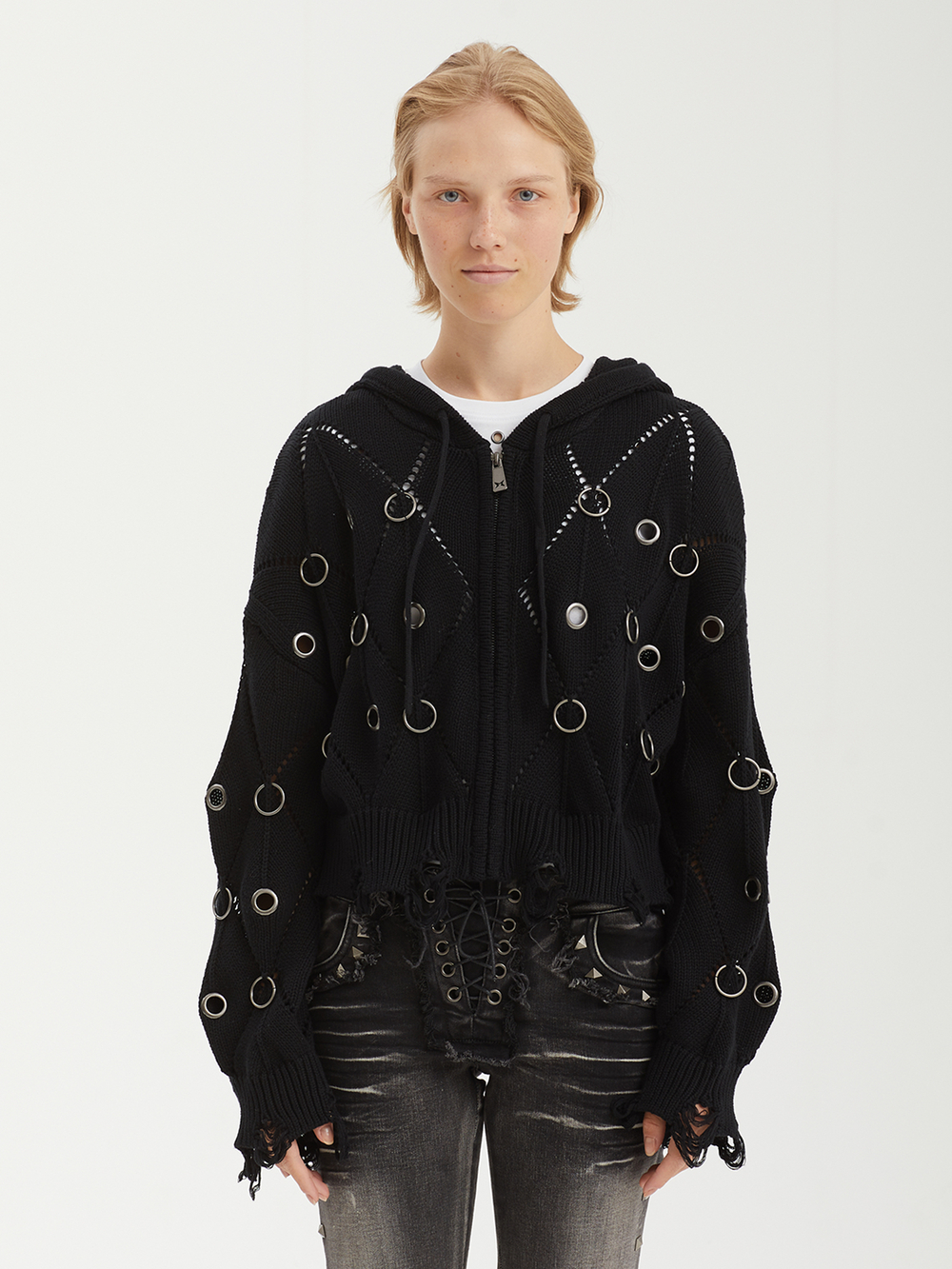Женская Толстовка Wired Black Eyelet Detail Distressed Zip Up