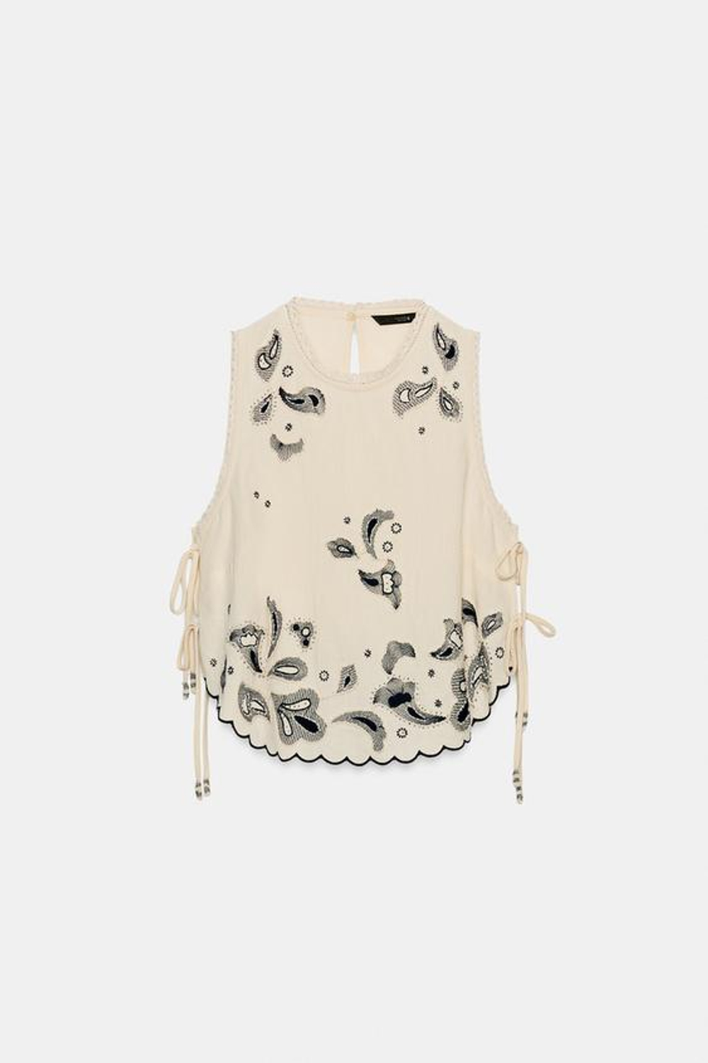 ZARA ТОП С ВЫШИВКОЙ И БУСИНАМИ, ЖЕЛТОВАТО-БЕЛЫЙ