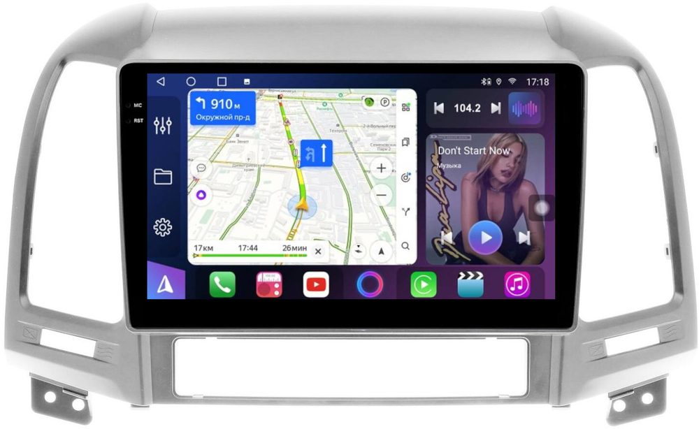 Магнитола для Hyundai Santa Fe 2 CM 2006-2012 (рамка серебро) - FarCar 008M монитор 9.5" QLED на Android 14, TS18, CarPlay, 4G SIM-слот