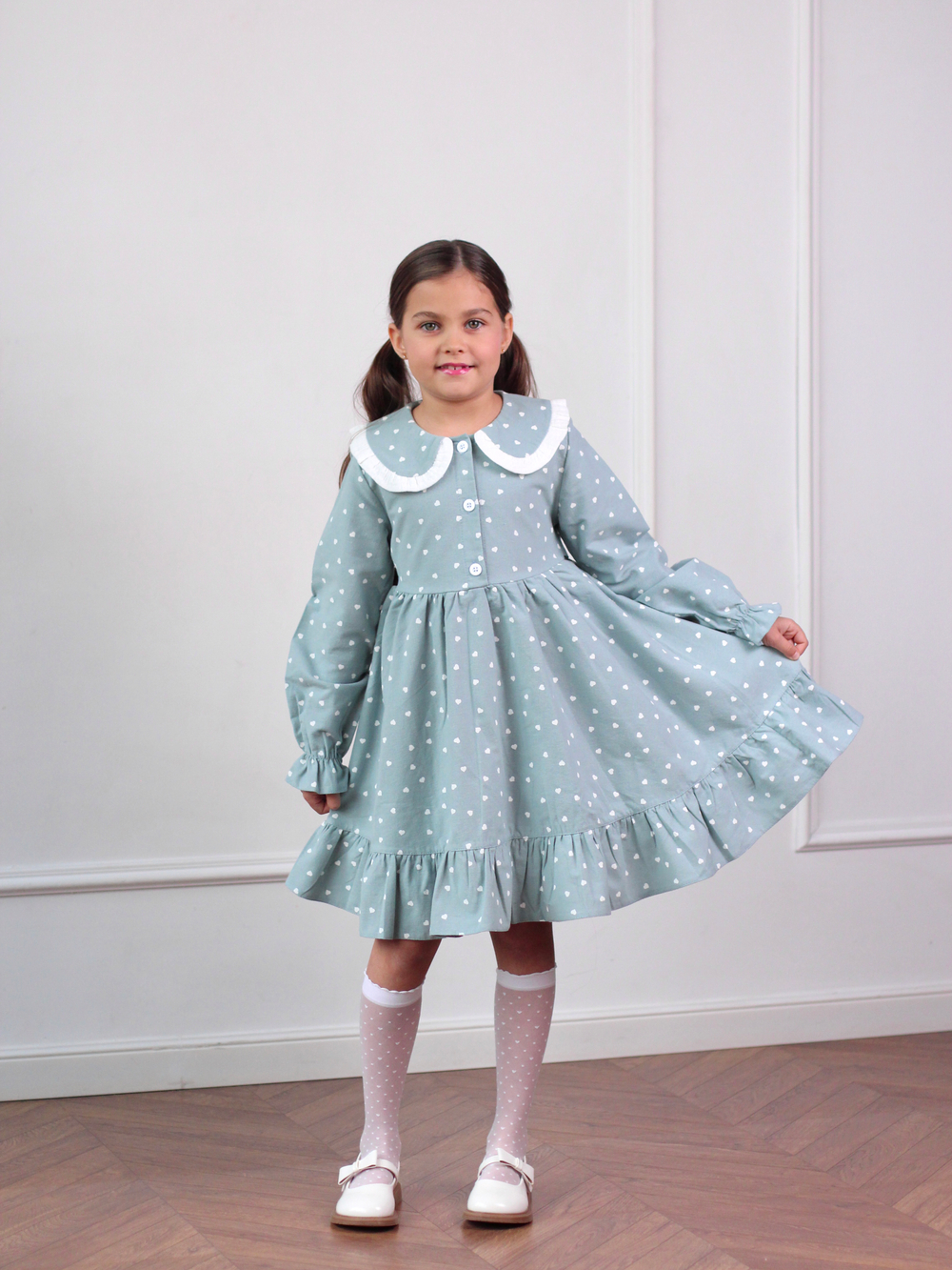 Платье из фланели с длинным рукавом «Сердечки», цвет мятный