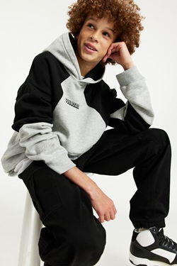 H&M Толстовка с надписью и капюшоном, серый с меланжевым эффектом