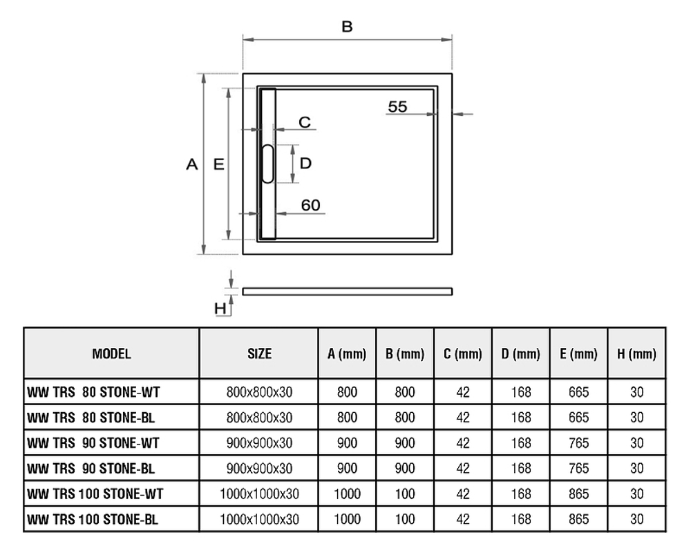 Душевой поддон из искусственного камня WeltWasser WW TRS 80 STONE-BL 80x80 10000004378 Черный