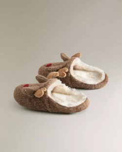 ZARA HOME УЮТНЫЕ ДЕТСКИЕ ТАПОЧКИ С ИЗОБРАЖЕНИЕМ "ОЛЕНЯ", КОРИЧНЕВЫЙ