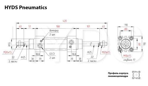 DSBC-100-50-T-PPV-A-N3 Пневмоцилиндр с двусторонним штоком