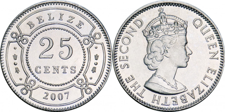 Белиз 25 центов, 1974 - 2022 Королева Елизавета II XF