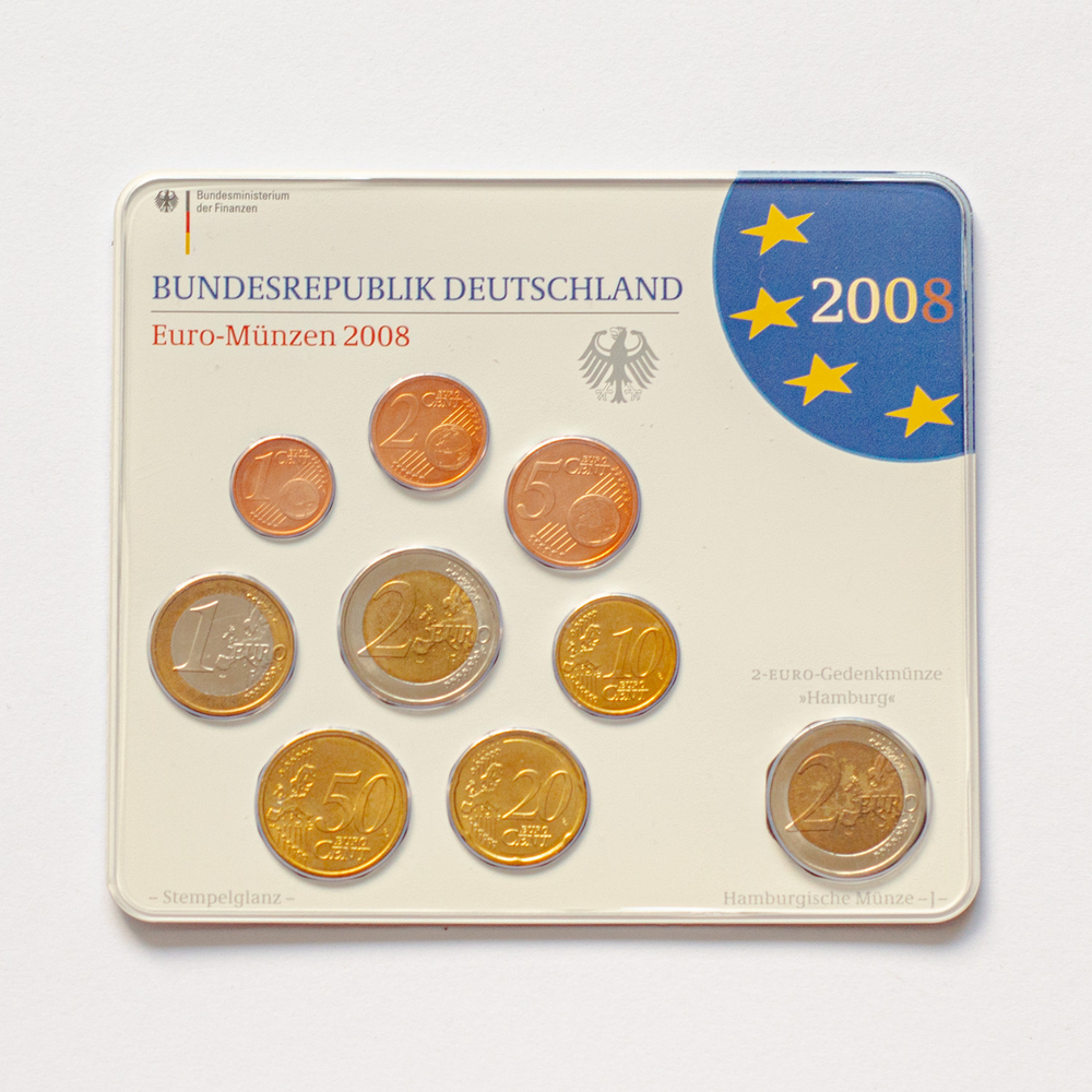 Germany 2008 Year Set (A, D, F, G, J) + 5 x 2 Euro: "St. Michaelis' Church (Hamburg)"