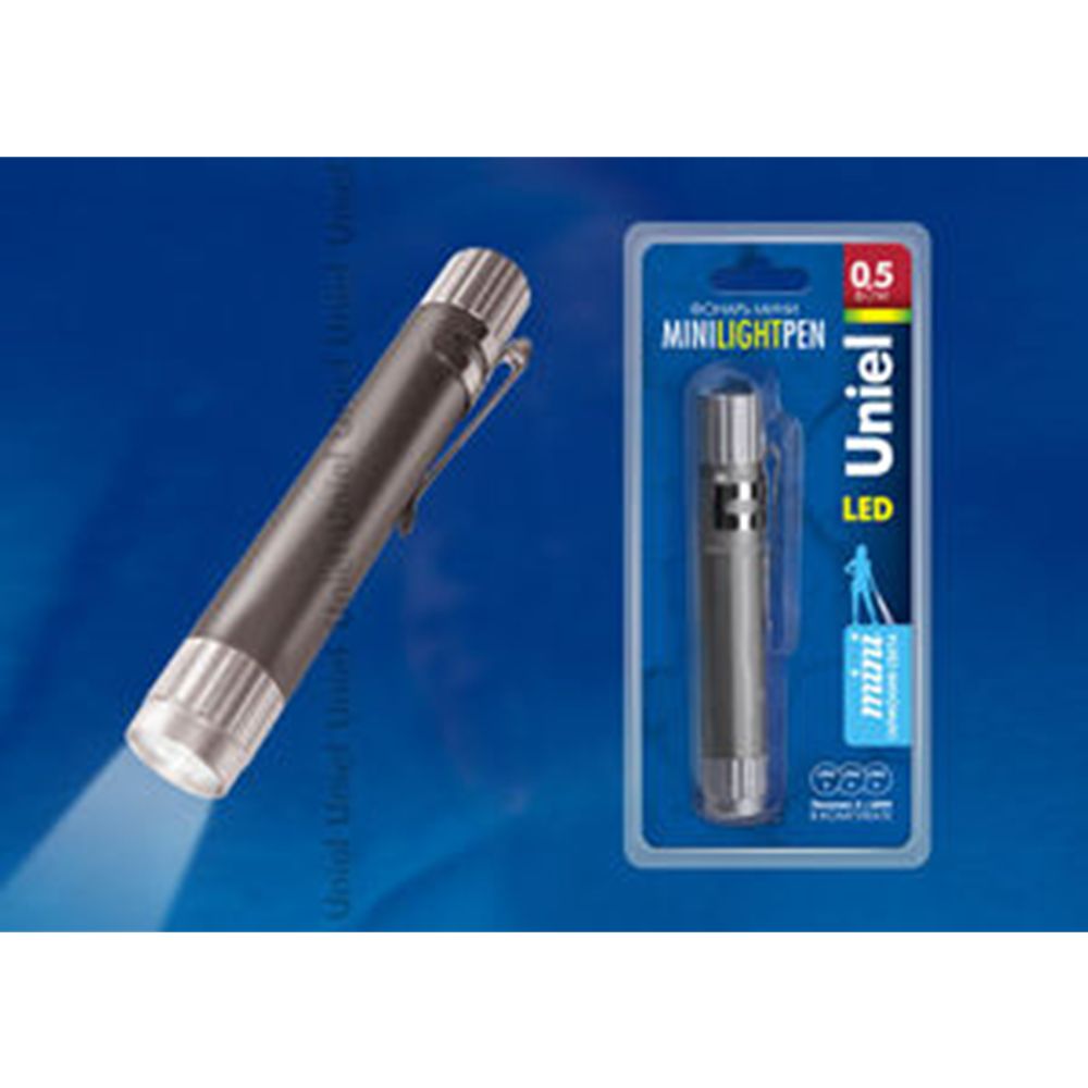 S-LD013-CB Gun Metal Фонарь Uniel серии Стандарт «Mini light pen», алюминиевый корпус, 0,5 Watt LED, упаковка — кламшелл, 3хLR44 в/к, цвет — металл