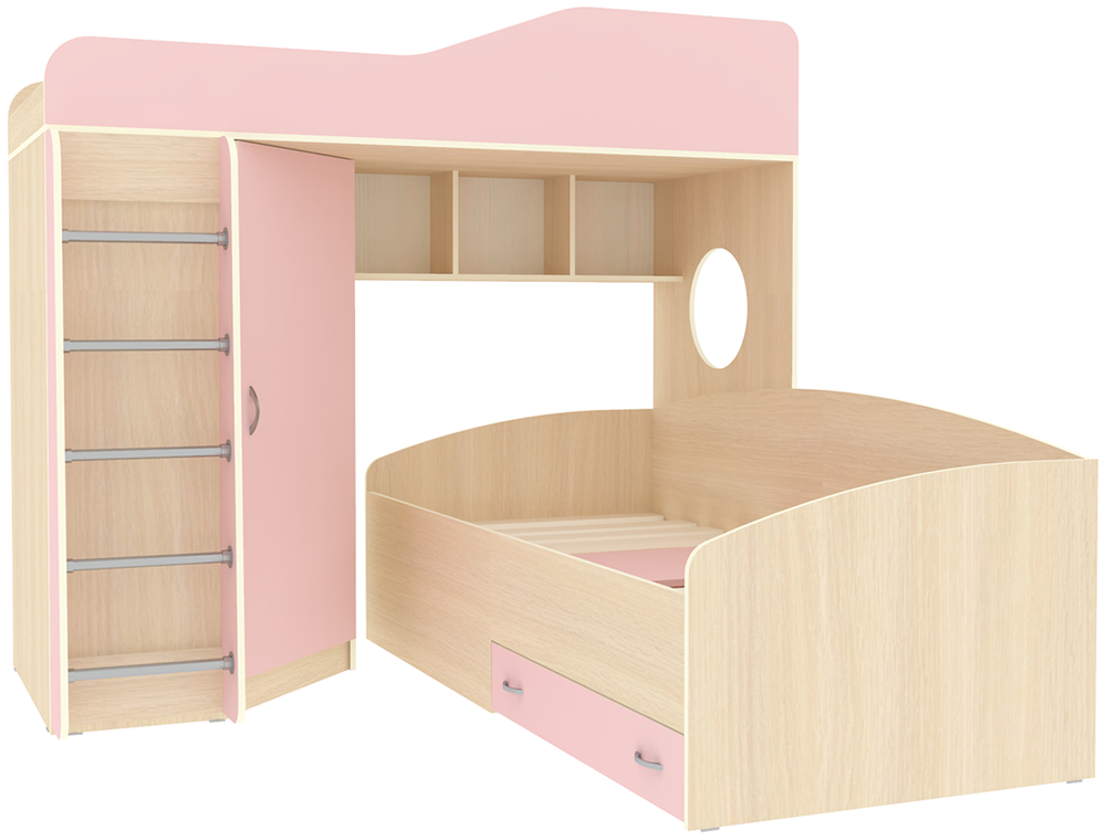 Кровать-чердак КарИВи Кадет 2 с металлической лестницей  Дуб Молочный Розовый