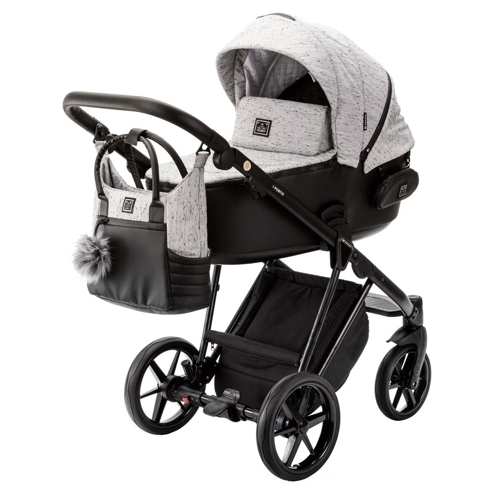 Детская коляска Adamex Porto 3 в 1 PO-PS12B (СВ.СЕР.БЕРЕЗКА+ЧЕРНАЯ КОЖА)