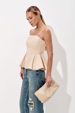 Корсет с баской из денима песочного цвета
