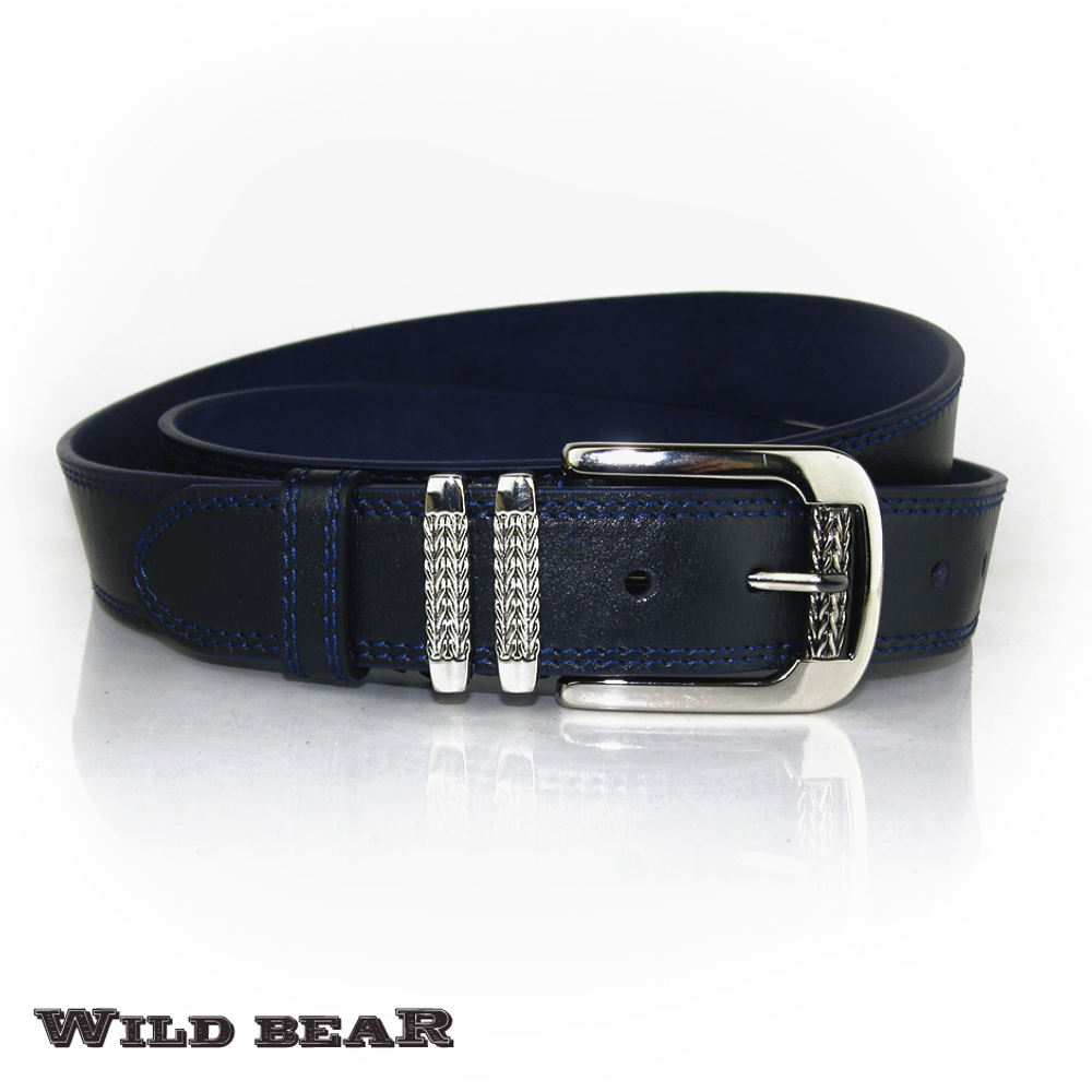 Мужской тёмно-синий ремень из натуральной кожи WILD BEAR RM-024m Dark-blue