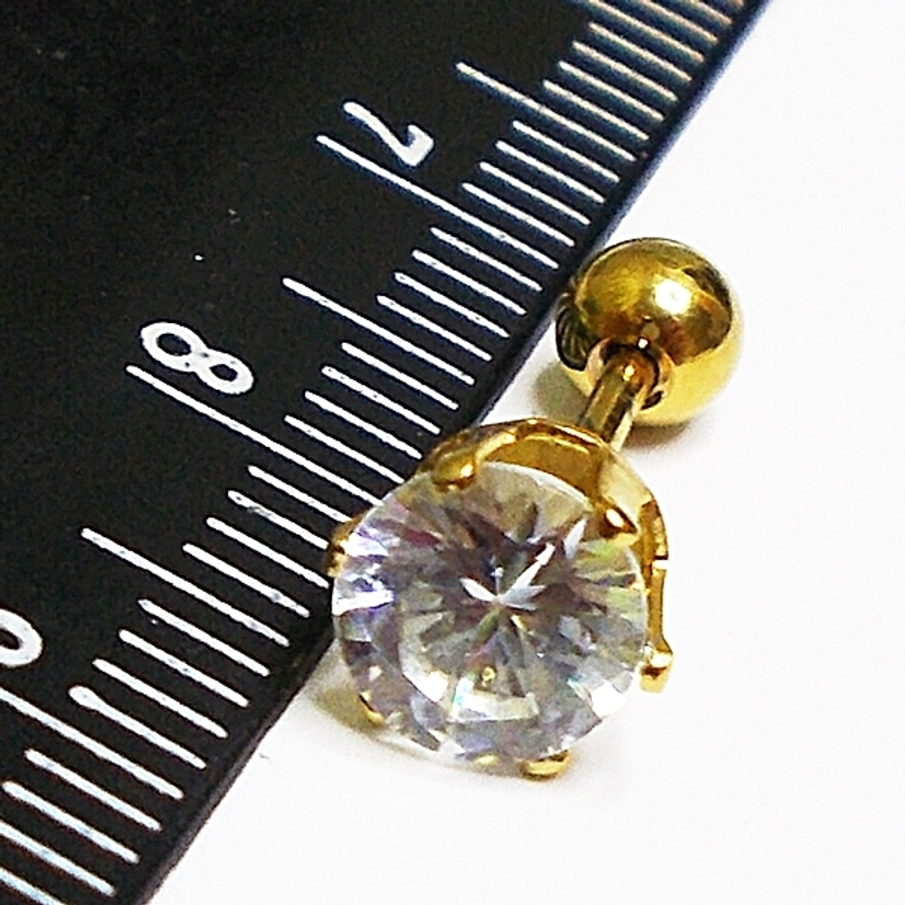 Микроштанга ( 6 мм) для пирсинга уха с белым кристаллом. Медицинская сталь. Золотистая 1 шт.