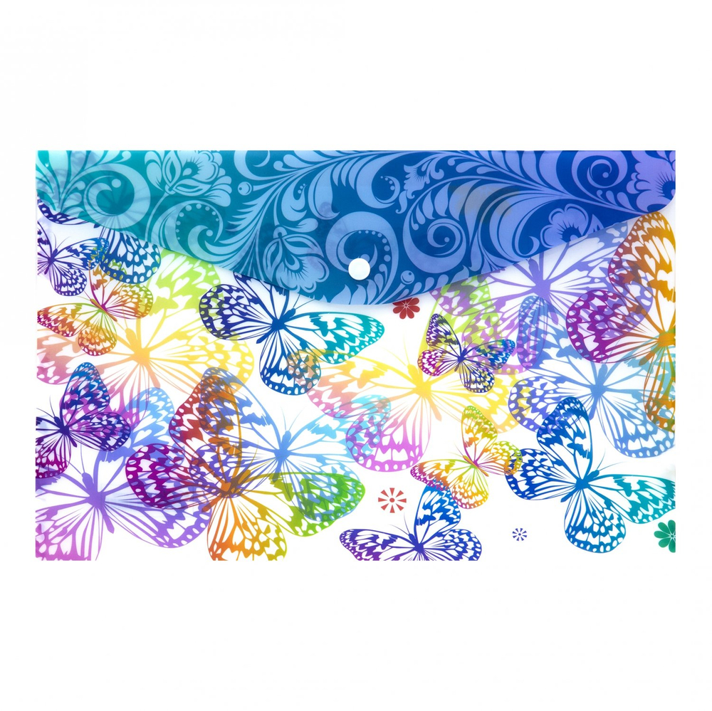 Папка-конверт на кнопке Yalong, A4, 260х360 мм, 160 мкм, ассорти, полупрозрачная с рисунком, "Бабочки"