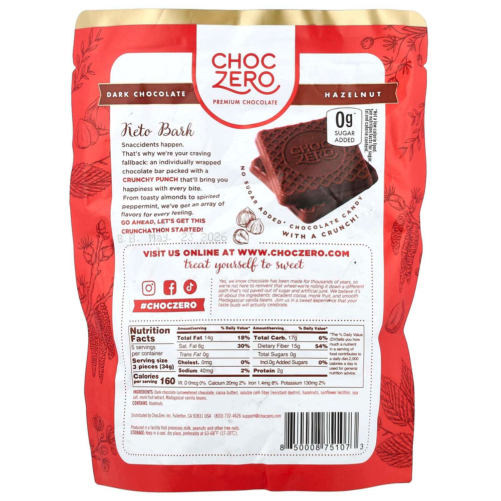 ChocZero, черный шоколад с морской солью и фундуком, без сахара, 6 мини-плиток, по 28 г (1 унции)