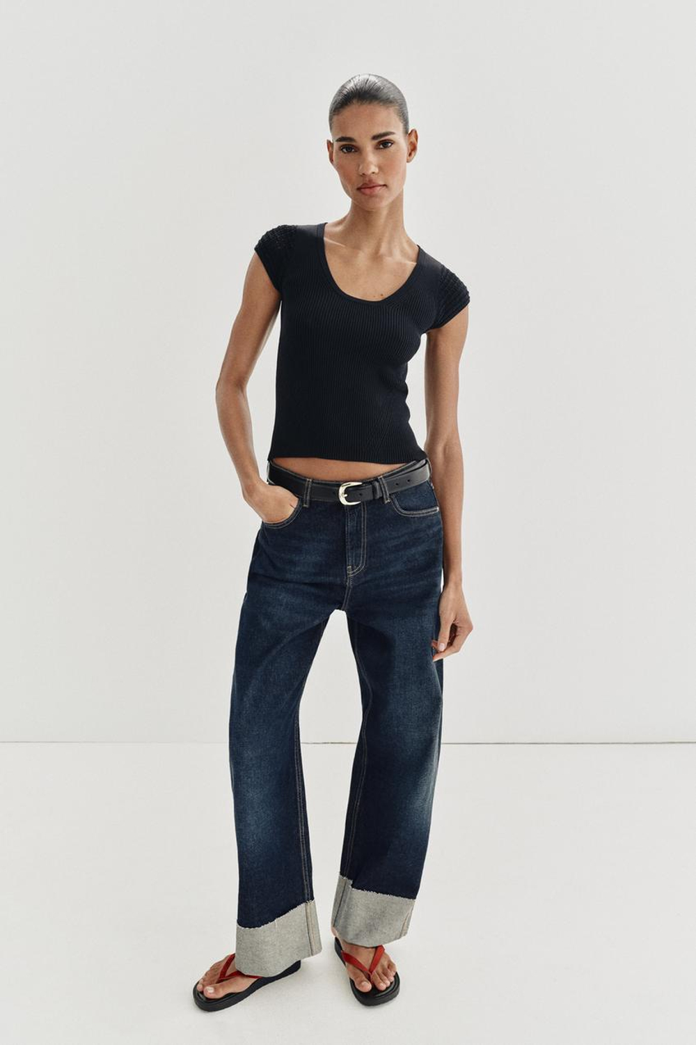 ZARA ТРИКОТАЖНЫЙ ТОП С КОМБИНИРОВАННЫМИ РУКАВАМИ, МОРСКОЙ СИНИЙ