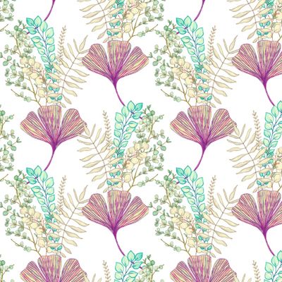 Seamless pattern of Gingko and from a branch with eucalyptus leaves.