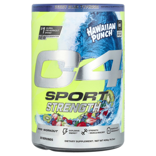 C4 / Cellucor, C4 Sport, Strength, предтренировочный комплекс, Hawaiian Punch®, ягодный синий тайфун, 406 г (14,3 унции)