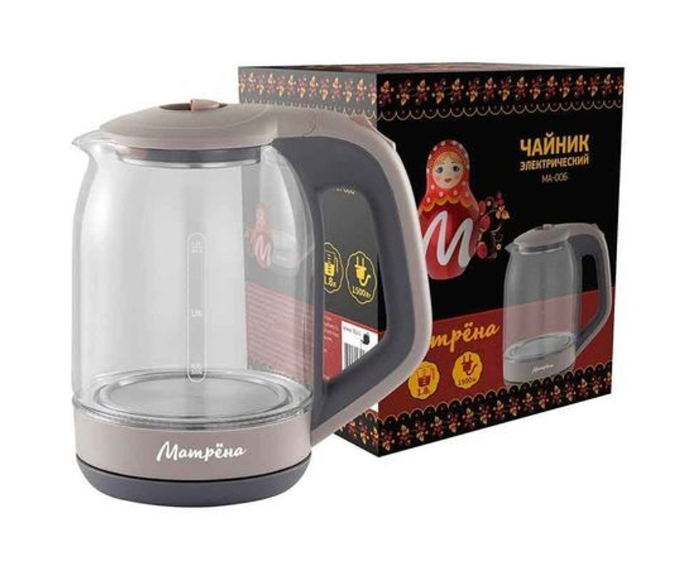 Чайник электр. Матрена MA-006 бежевый (диск, 1,8л) 1,5кВт, стекло/пластик 5414