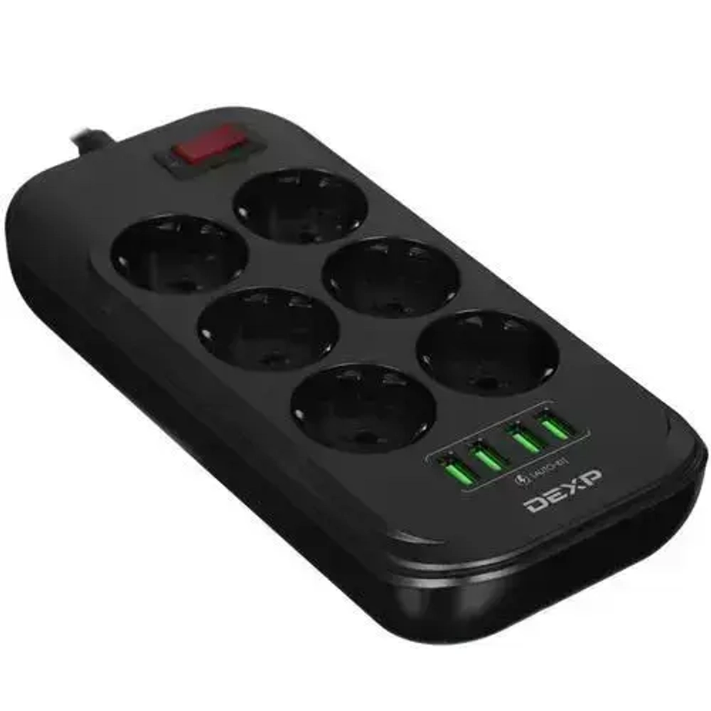 Сетевой фильтр, 6 розеток, длина шнура 2 м, цвет: черный