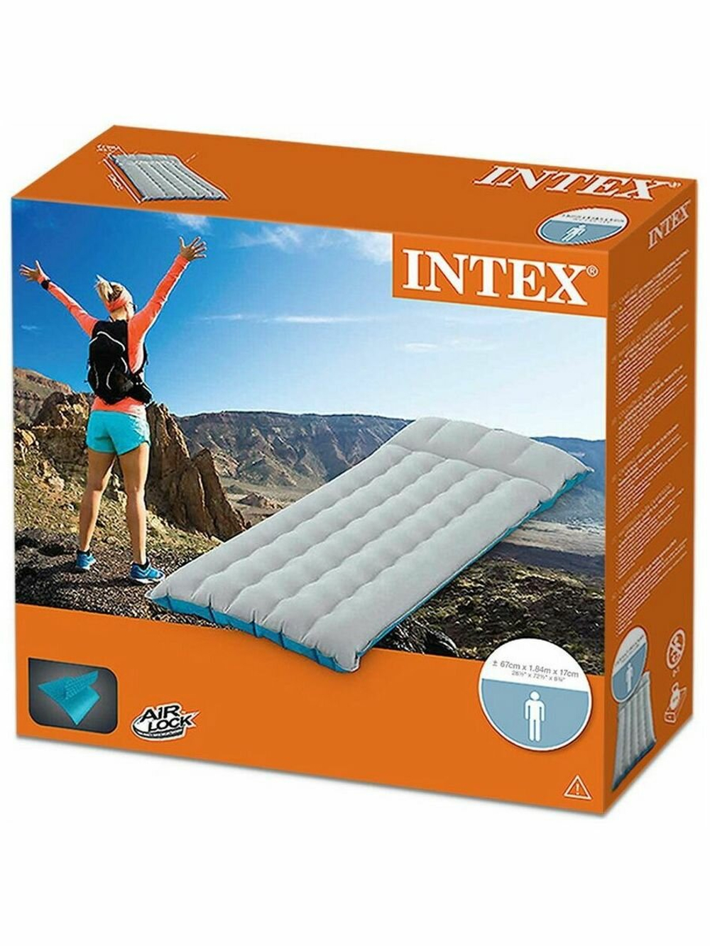 Мaтрас нaдувной Intex 67997 Camping Mat 184х67х17 см / Кoврик нaдувной Интeкс туристический велюровый в палатку для кемпинга и туризма