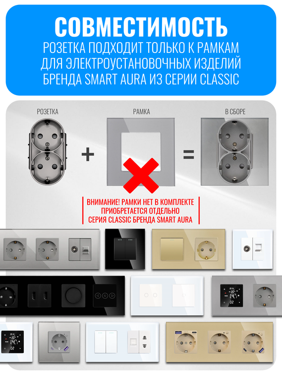 Розетка с заземлением двойная в один пост Smart Aura серия Classic без рамки