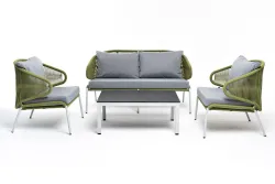 "Милан" лаунж-зона 4-местная плетеная из роупа (веревки), каркас алюминиевый светло-серый, роуп салатовый меланж
