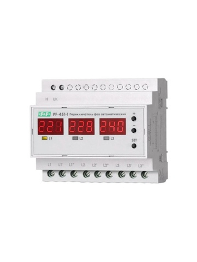 Переключатель фаз автоматический PF-451-1 (2 режима работы: с или без приоритетной фазы. Порог переключения: нижний 140-210В; верхний 240-300В; 3х63А монтаж на DIN-рейке) F&F EA04.005.005