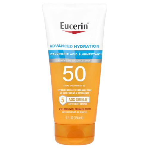 Eucerin, Advanced Hydration, легкий солнцезащитный лосьон, SPF 50, без отдушек, 150 мл (5 жидк. унц.)