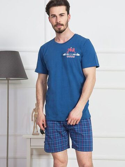 Мужской домашний комплект с синими клетчатыми шортами (Размер: S) (Цвет: серый)