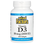 Natural Factors, витамин D3, 50 мкг (2000 МЕ), 240 мягких таблеток