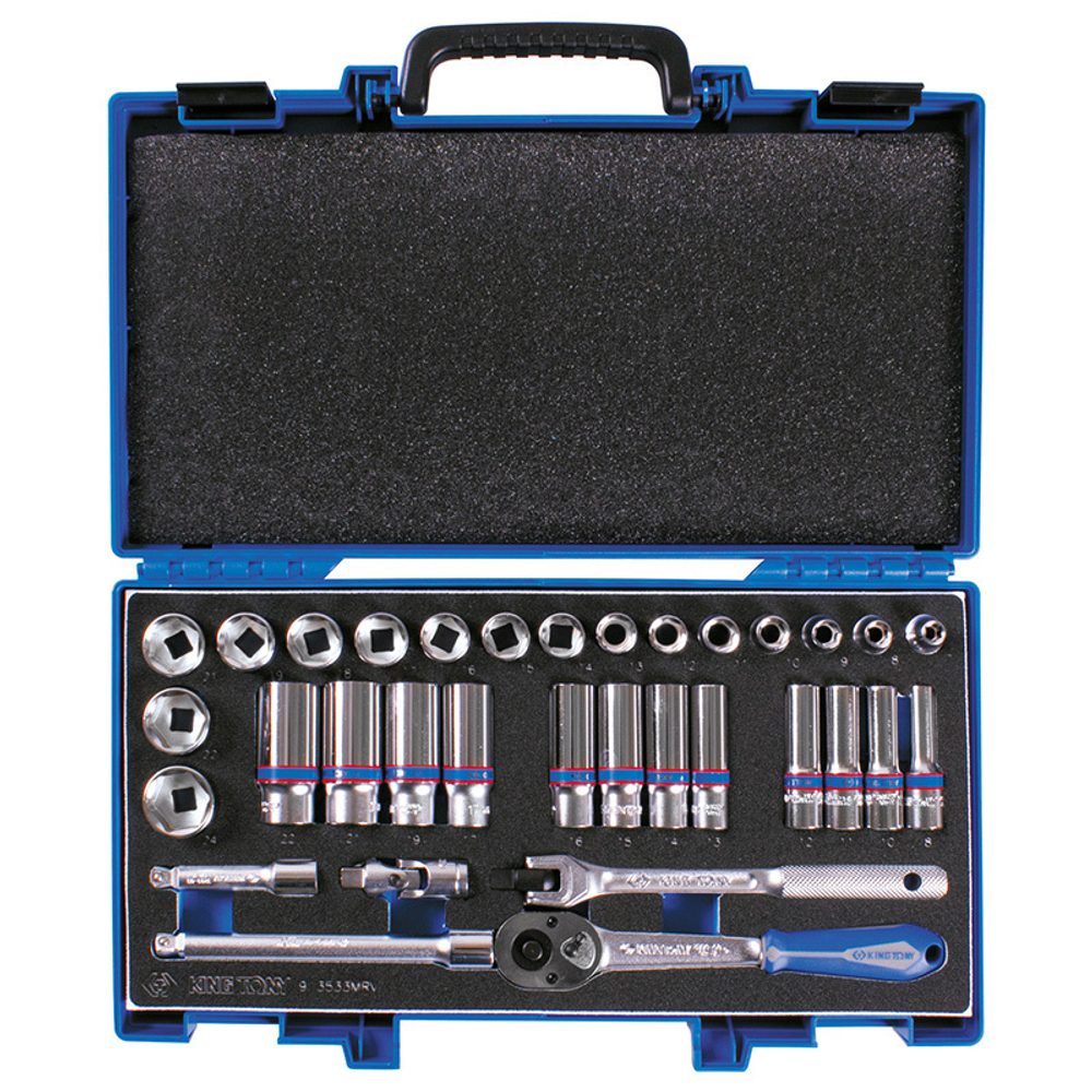 KING TONY (3533MRV) Набор торцевых головок с принадлежностями 3/8", 6-гранные, 7-24 мм, 33 предмета