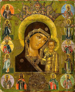 Казанская икона Божией Матери со святыми деревянная на левкасе