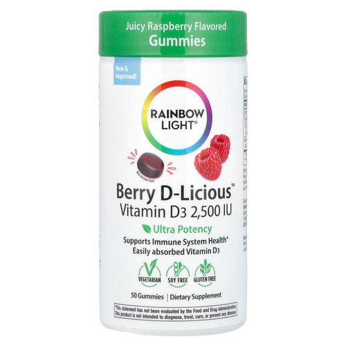 Rainbow Light, Berry D-Licious ™, витамин D3, сочная малина, 62,5 мкг (2500 МЕ), 50 жевательных таблеток