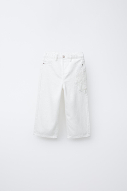 ZARA БРЮКИ ПРЯМОГО КРОШЕ ИЗ ТВИЛА С ЦВЕТОЧНОЙ ДЕТАЛЬЮ ИЗ КРУЖЕВА КРОШЕ, ЖЕЛТОВАТО-БЕЛЫЙ