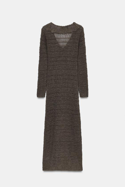 ZARA ПЛАТЬЕ ИЗ ТРИКОТАЖА POINTELLE С ВОЛАНАМИ, СЕРОВАТО-КОРИЧНЕВЫЙ