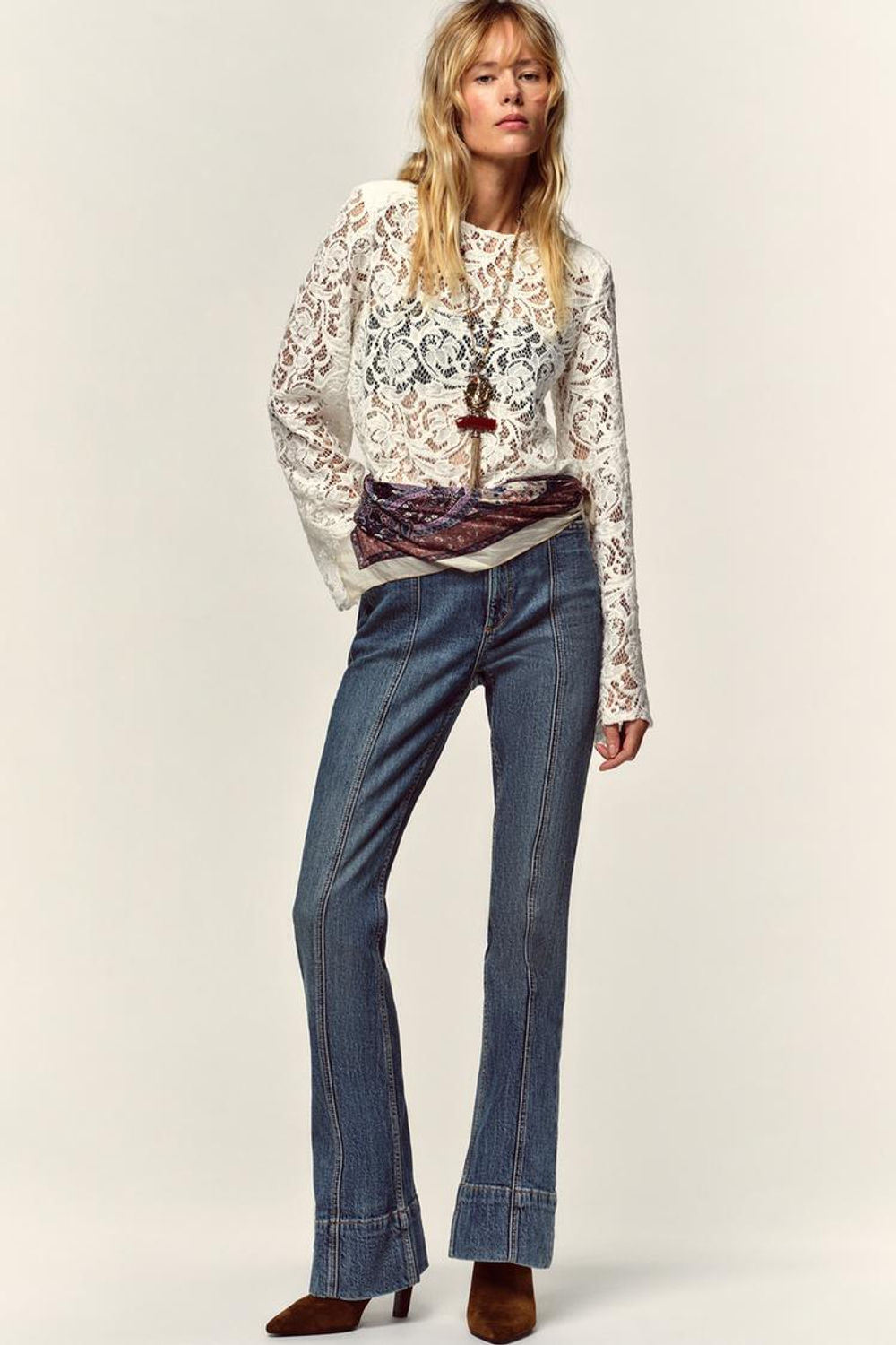 ZARA КРУЖЕВНОЙ ТОП С ПОДПЛЕЧНИКАМИ, ЖЕЛТОВАТО-БЕЛЫЙ