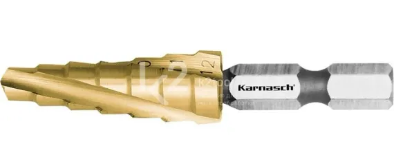 Ступенчатое сверло Ø 6-12 мм, HSS-XE с покрытием TiN-GOLD, ударный хвостовик, двухзаходное, Karnasch, арт. 21.3040
