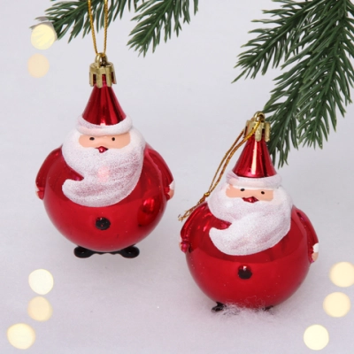 Елочные игрушки «Круглый Дед Мороз» 6 см (набор 2 шт), Красный
