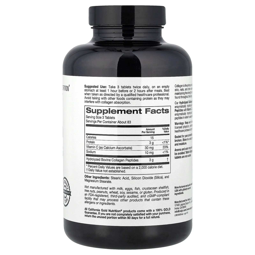 California Gold Nutrition, пептиды гидролизованного коллагена I и III типов с витамином C, 250 таблеток
