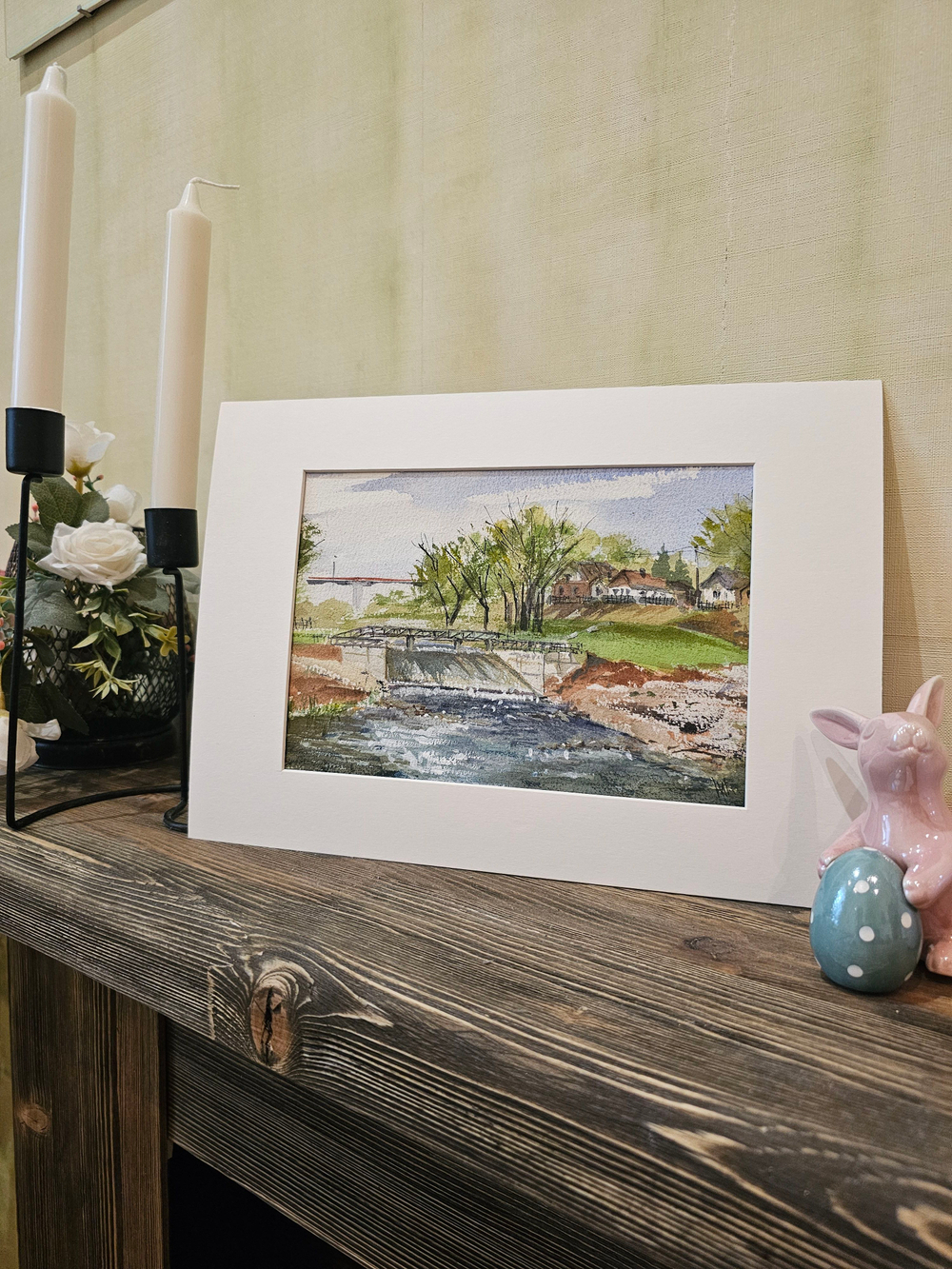 Картина авторская акварельная в паспарту 21х30 см на стену для интерьера "Водопад на реке Осетр"