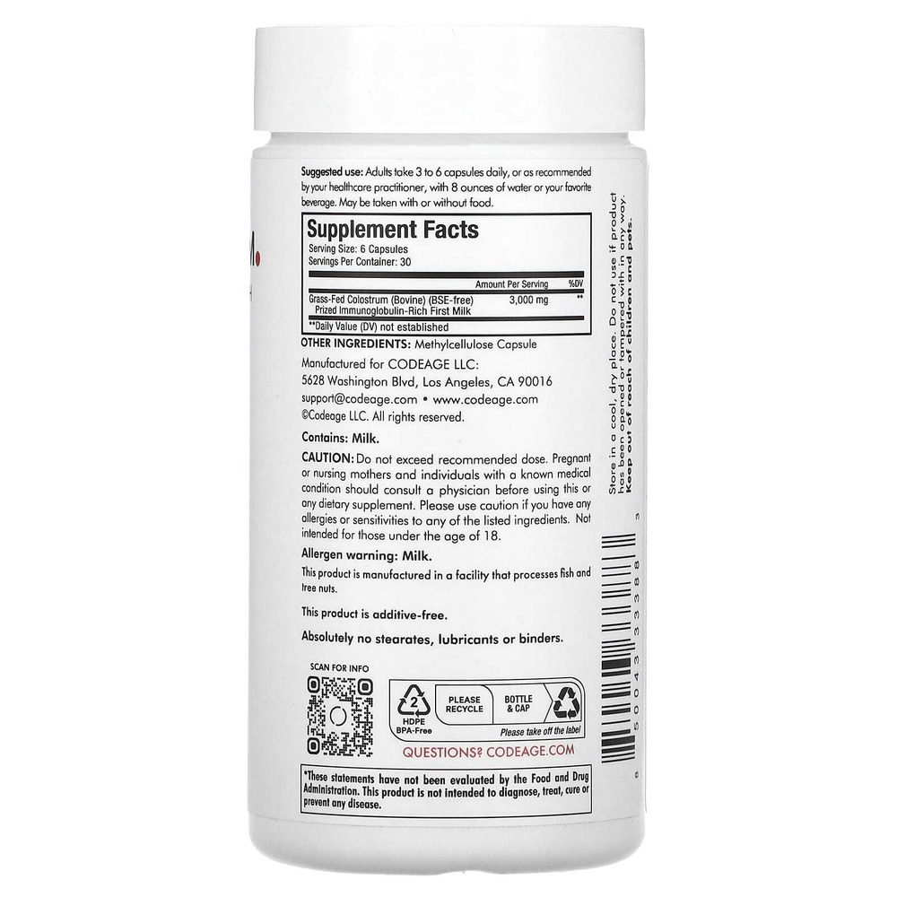 Codeage, молозиво для иммунитета, 180 капсул (500 мг в 1 капсуле)