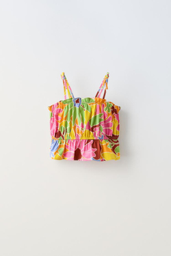 ZARA ТОП С ПРИНТОМ И ВОЛАНОМ, РАЗНОЦВЕТНЫЙ