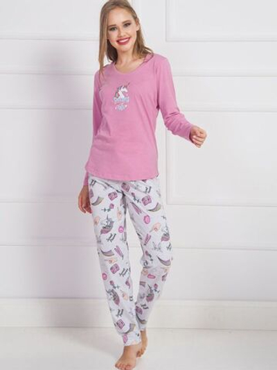 Трикотажный комплект с принтованными серыми брючками (Размер: XL) (Цвет: розовый)